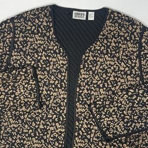 Chicos Design 100% Silk Woven Open Front Jacket Animal Print Black Gold Size 2